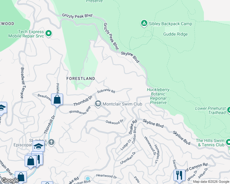 map of restaurants, bars, coffee shops, grocery stores, and more near 6739 Sobrante Road in Oakland