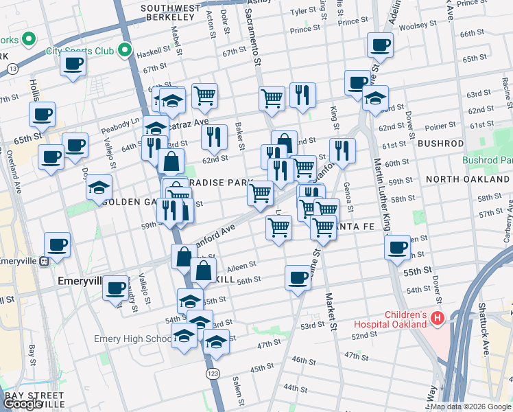 map of restaurants, bars, coffee shops, grocery stores, and more near 977 60th Street in Oakland