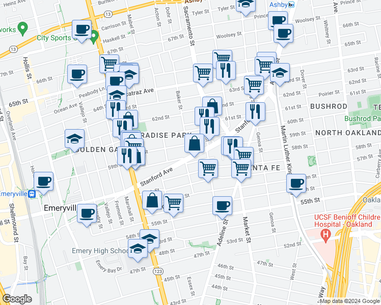 map of restaurants, bars, coffee shops, grocery stores, and more near 980 Stanford Avenue in Oakland