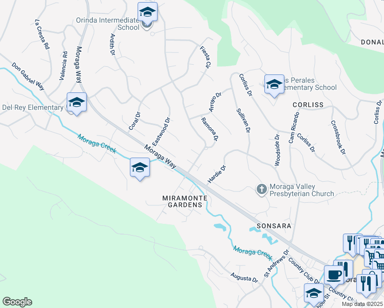 map of restaurants, bars, coffee shops, grocery stores, and more near 5 Corte Sombrita in Orinda