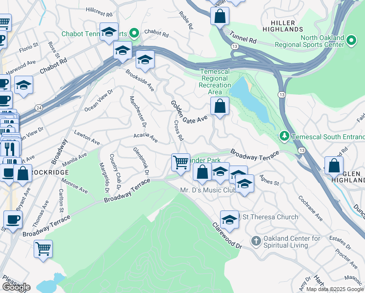 map of restaurants, bars, coffee shops, grocery stores, and more near 165 Cross Road in Oakland