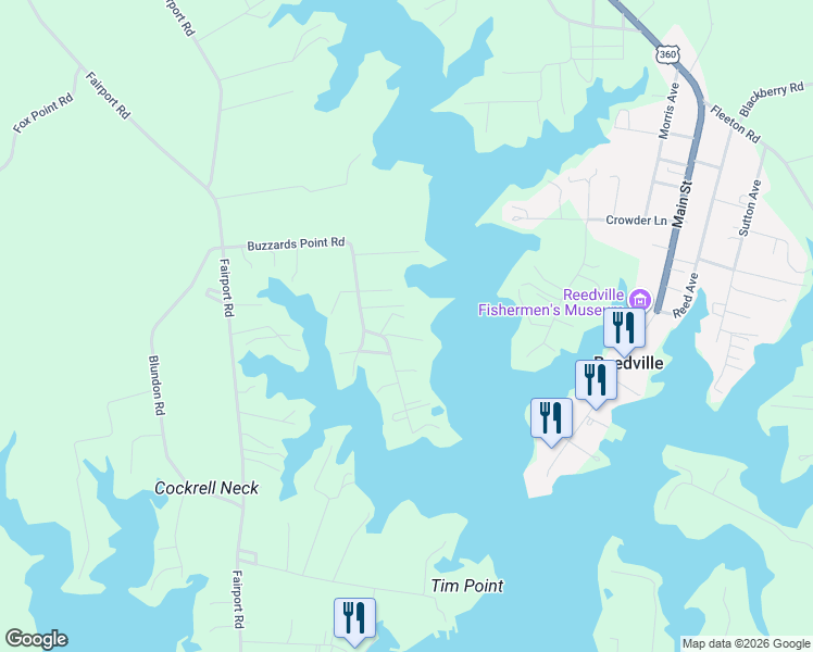 map of restaurants, bars, coffee shops, grocery stores, and more near 505 Buzzards Point Road in Reedville