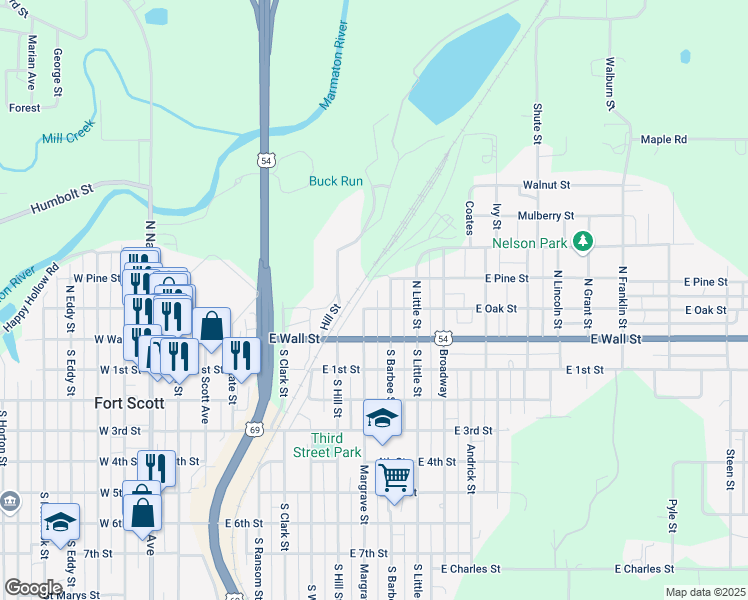 map of restaurants, bars, coffee shops, grocery stores, and more near 301 North Hill Street in Fort Scott