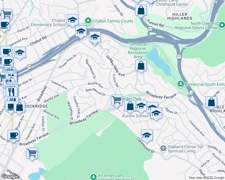 map of restaurants, bars, coffee shops, grocery stores, and more near 6171 Mathieu Avenue in Oakland