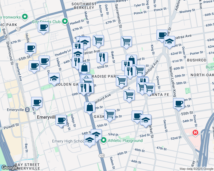 map of restaurants, bars, coffee shops, grocery stores, and more near 1027 60th Street in Oakland