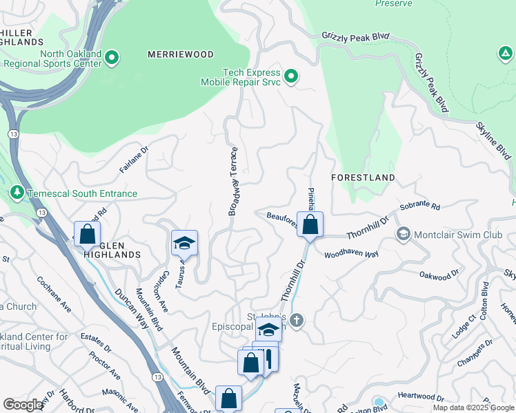 map of restaurants, bars, coffee shops, grocery stores, and more near 6315 Valley View Road in Oakland