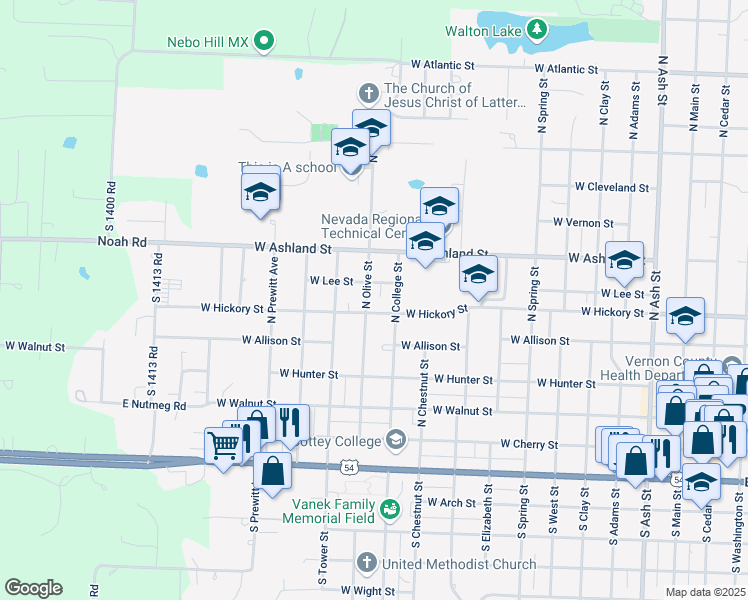 map of restaurants, bars, coffee shops, grocery stores, and more near 500 North Olive Street in Nevada