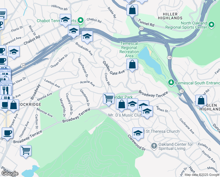 map of restaurants, bars, coffee shops, grocery stores, and more near 165 Cross Road in Oakland