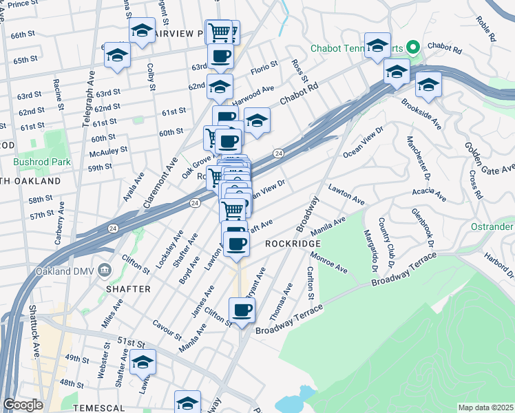 map of restaurants, bars, coffee shops, grocery stores, and more near 5554 Lawton Avenue in Oakland