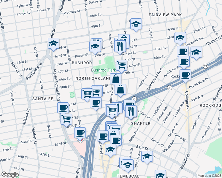 map of restaurants, bars, coffee shops, grocery stores, and more near 5707 Carberry Avenue in Oakland