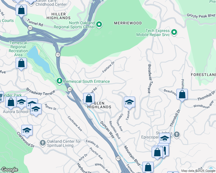 map of restaurants, bars, coffee shops, grocery stores, and more near 6142 Ruthland Road in Oakland