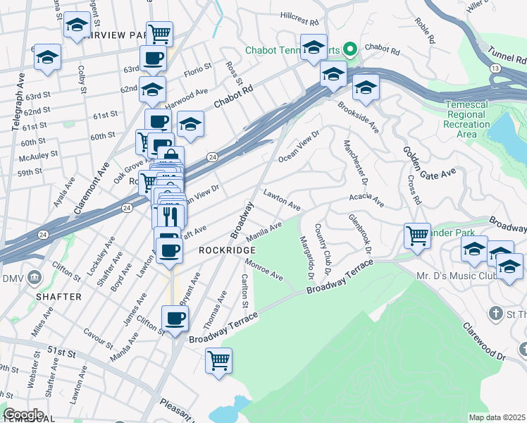 map of restaurants, bars, coffee shops, grocery stores, and more near 5934 Taft Avenue in Oakland