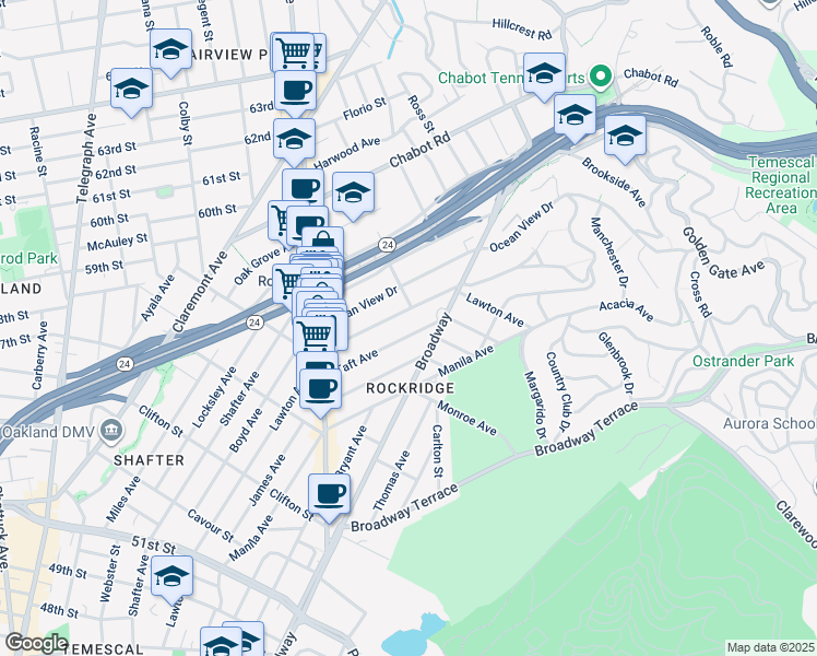 map of restaurants, bars, coffee shops, grocery stores, and more near 5591 Lawton Avenue in Oakland