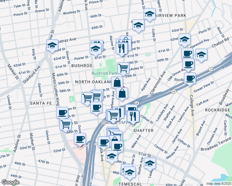 map of restaurants, bars, coffee shops, grocery stores, and more near 517 58th Street in Oakland