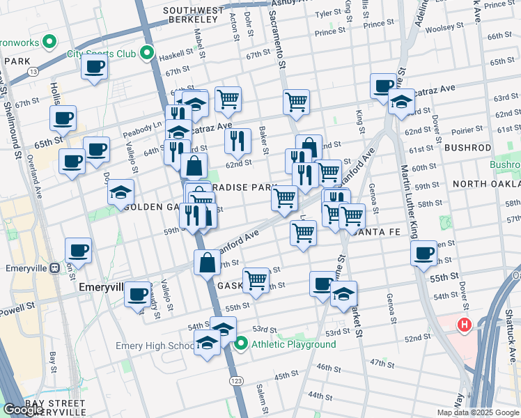 map of restaurants, bars, coffee shops, grocery stores, and more near 1021 60th Street in Oakland