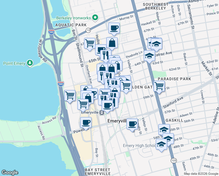 map of restaurants, bars, coffee shops, grocery stores, and more near in Emeryville
