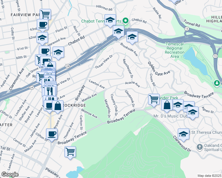 map of restaurants, bars, coffee shops, grocery stores, and more near 5814 Margarido Drive in Oakland