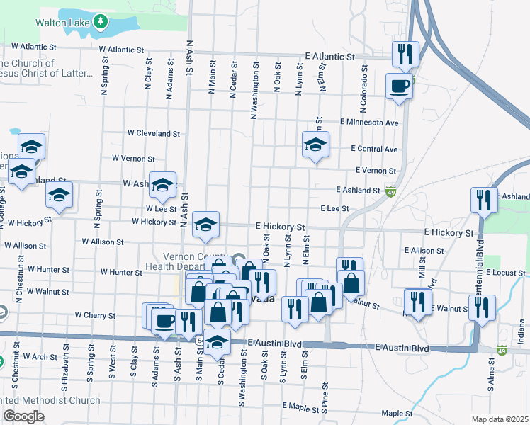 map of restaurants, bars, coffee shops, grocery stores, and more near 521 North Oak Street in Nevada