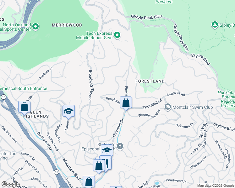 map of restaurants, bars, coffee shops, grocery stores, and more near 6427 Pinehaven Road in Oakland