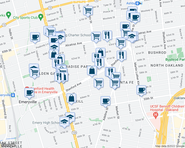 map of restaurants, bars, coffee shops, grocery stores, and more near 966 Stanford Avenue in Oakland