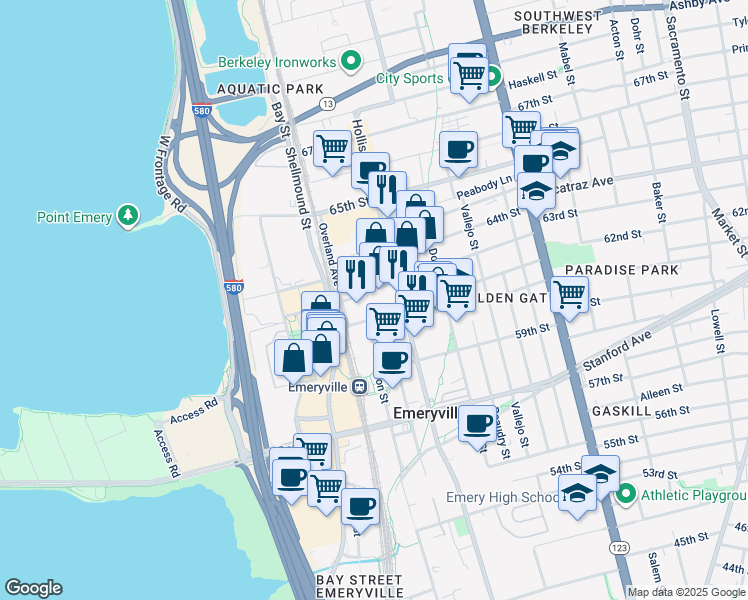 map of restaurants, bars, coffee shops, grocery stores, and more near 1605 63rd Street in Emeryville