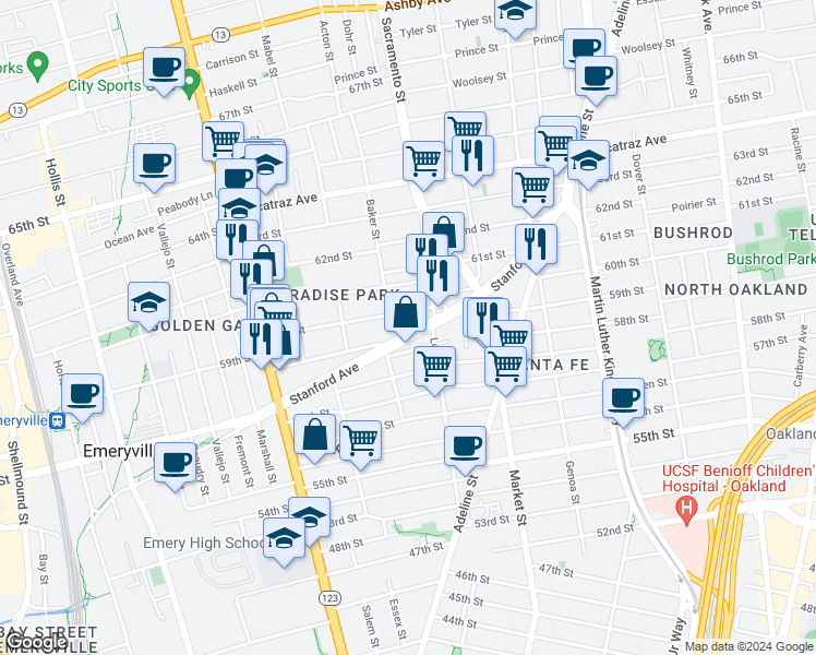 map of restaurants, bars, coffee shops, grocery stores, and more near 966 Stanford Avenue in Oakland