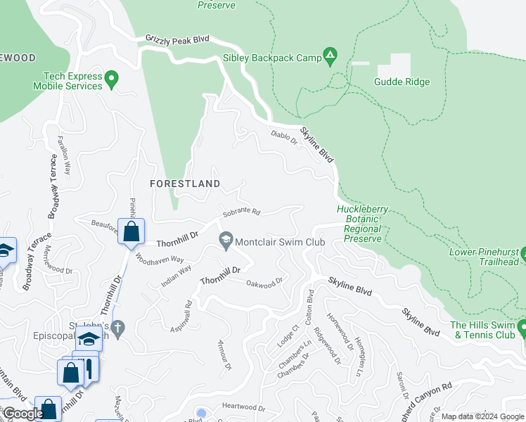 map of restaurants, bars, coffee shops, grocery stores, and more near 6701 Sobrante Road in Oakland