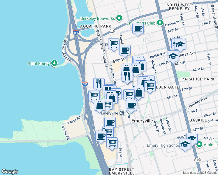 map of restaurants, bars, coffee shops, grocery stores, and more near 6301 Shellmound Street in Emeryville