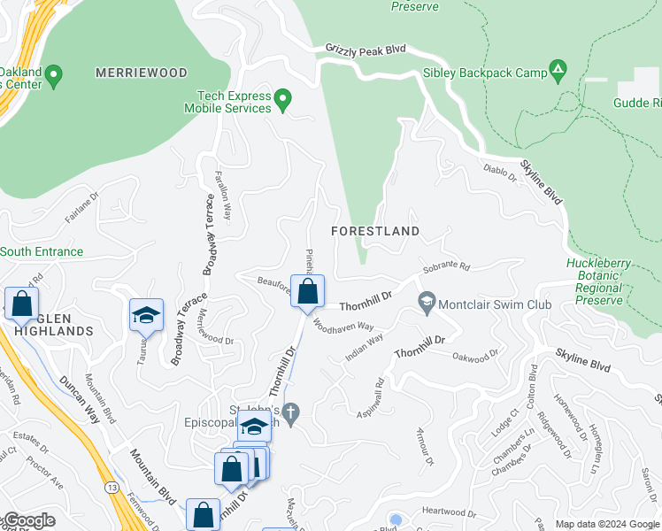 map of restaurants, bars, coffee shops, grocery stores, and more near 6491 Heather Ridge Way in Oakland