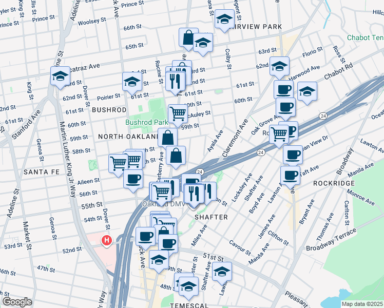 map of restaurants, bars, coffee shops, grocery stores, and more near 5735 Vicente Street in Oakland