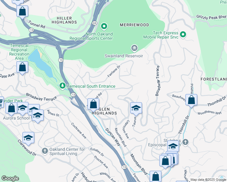 map of restaurants, bars, coffee shops, grocery stores, and more near 6142 Ruthland Road in Oakland