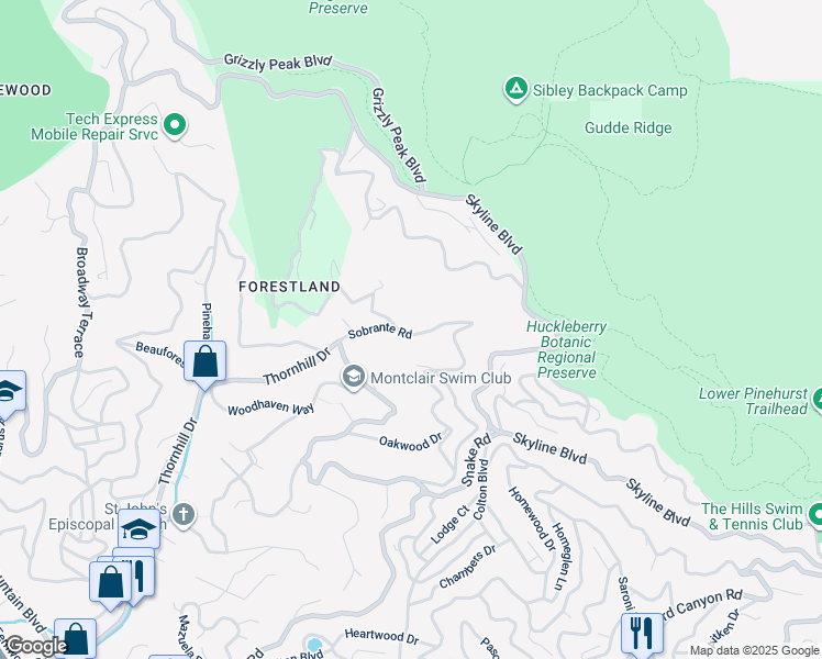 map of restaurants, bars, coffee shops, grocery stores, and more near 6701 Sobrante Road in Oakland
