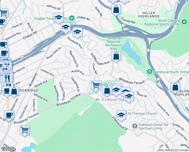 map of restaurants, bars, coffee shops, grocery stores, and more near 6171 Mathieu Avenue in Oakland