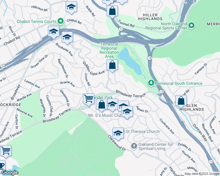 map of restaurants, bars, coffee shops, grocery stores, and more near 5020 Golden Gate Avenue in Oakland