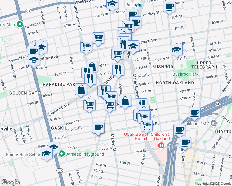 map of restaurants, bars, coffee shops, grocery stores, and more near 5811 Adeline Street in Oakland