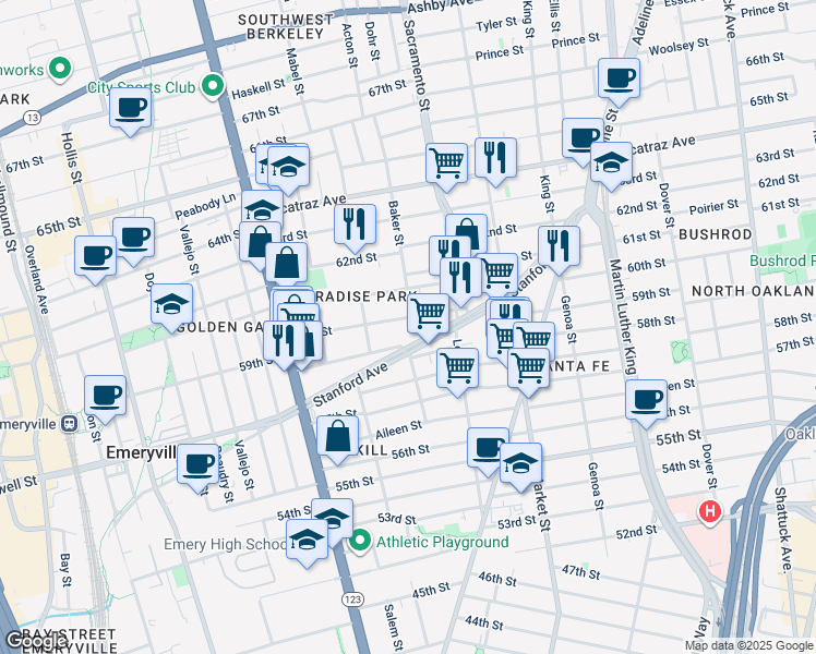 map of restaurants, bars, coffee shops, grocery stores, and more near 977 60th Street in Oakland