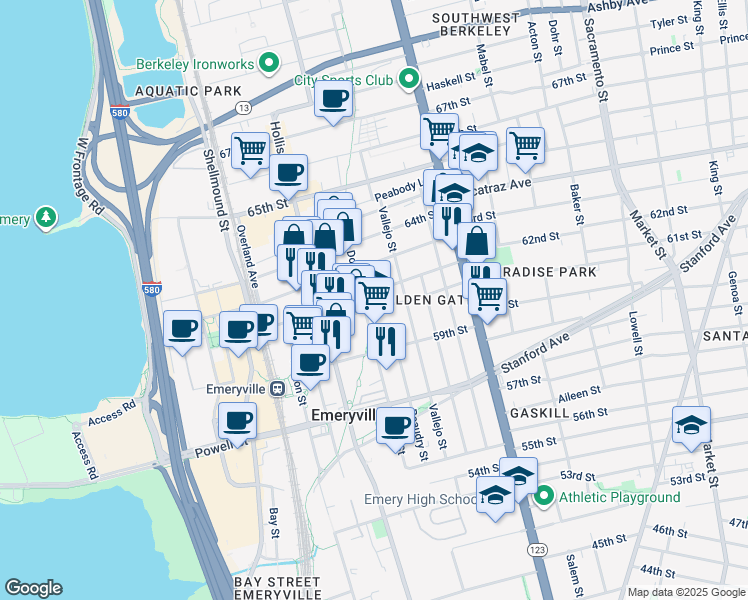 map of restaurants, bars, coffee shops, grocery stores, and more near 1274 61st Street in Emeryville