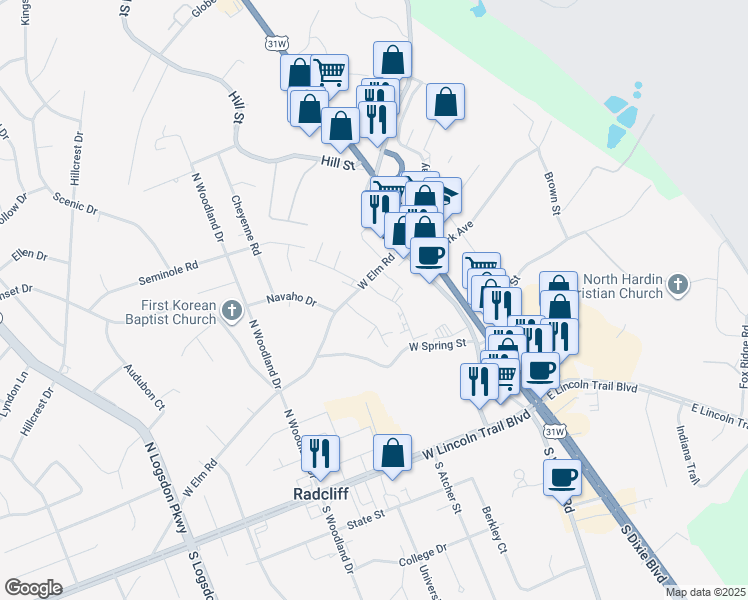 map of restaurants, bars, coffee shops, grocery stores, and more near 388 Elmwood Drive in Radcliff