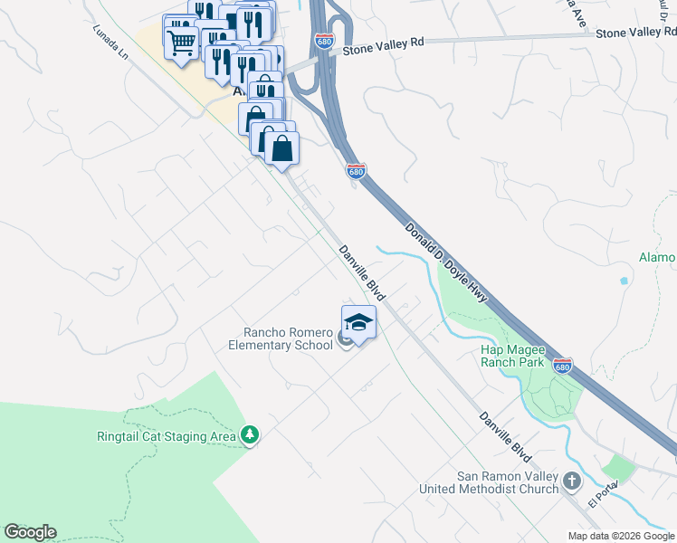 map of restaurants, bars, coffee shops, grocery stores, and more near 43 La Serena Court in Alamo