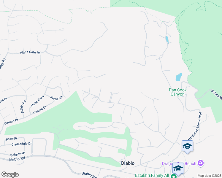 map of restaurants, bars, coffee shops, grocery stores, and more near 2590 Caballo Ranchero Drive in Diablo