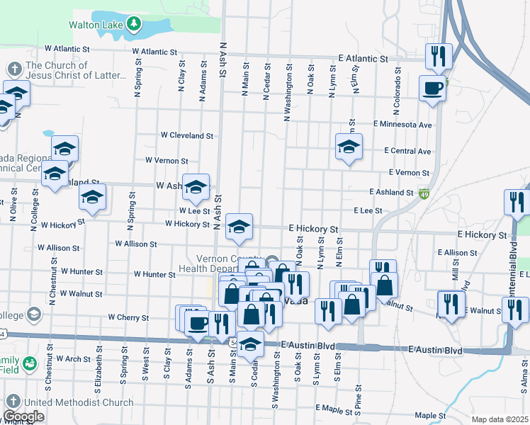 map of restaurants, bars, coffee shops, grocery stores, and more near 520 North Cedar Street in Nevada
