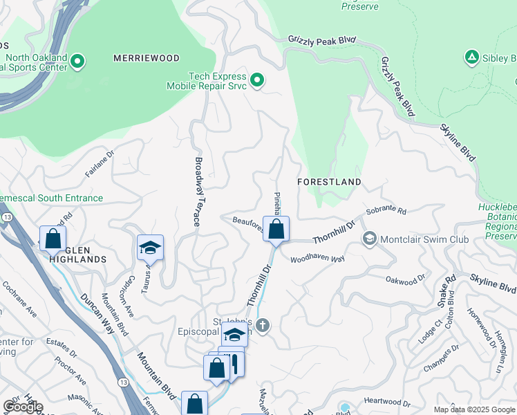 map of restaurants, bars, coffee shops, grocery stores, and more near 6406 Valley View Road in Oakland