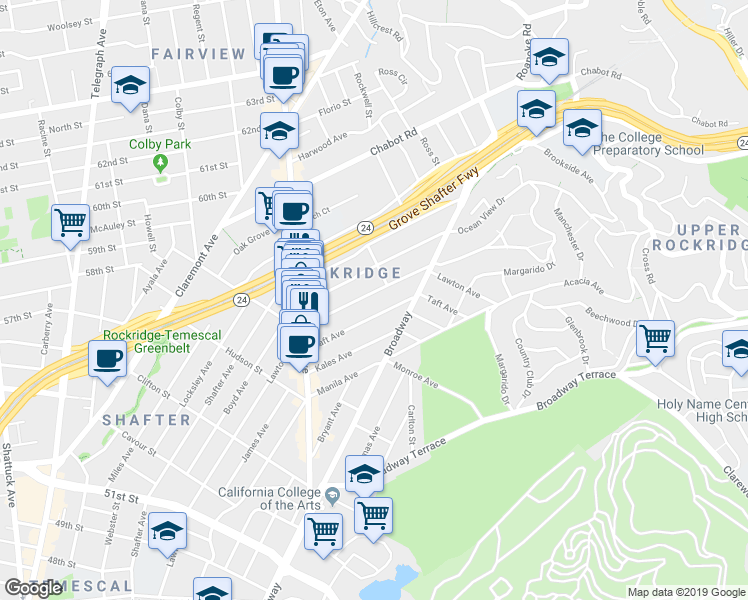 map of restaurants, bars, coffee shops, grocery stores, and more near 5591 Lawton Avenue in Oakland