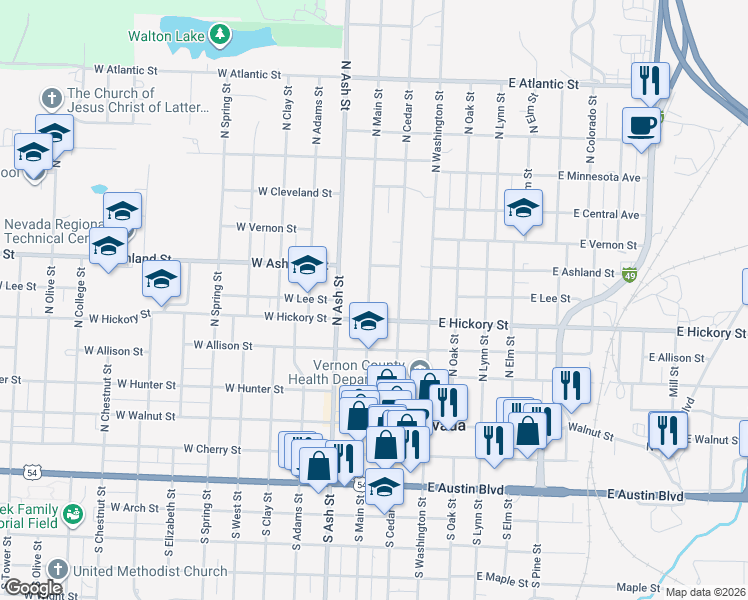 map of restaurants, bars, coffee shops, grocery stores, and more near 520 North Main Street in Nevada
