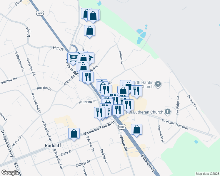 map of restaurants, bars, coffee shops, grocery stores, and more near 111-339 E Spring St in Radcliff