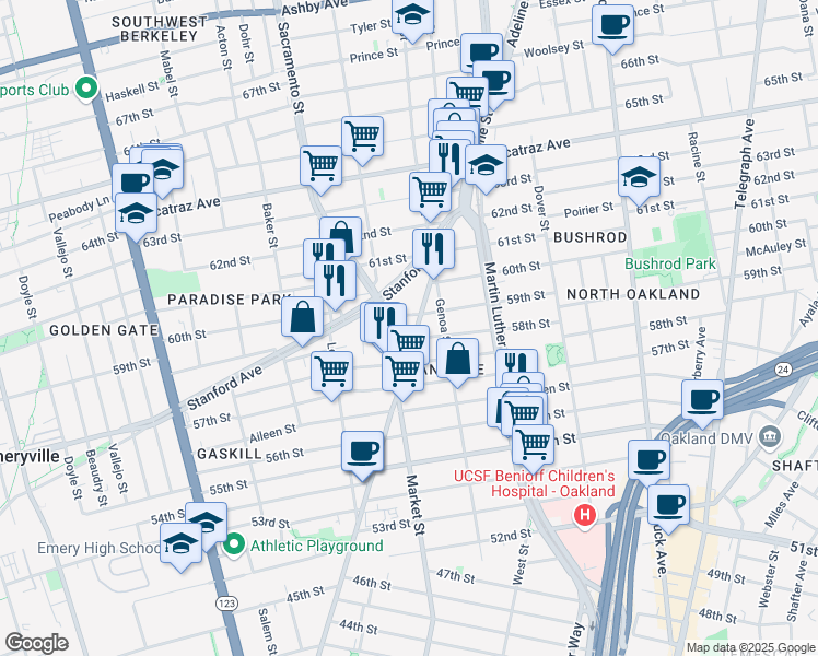 map of restaurants, bars, coffee shops, grocery stores, and more near 5811 Adeline Street in Oakland