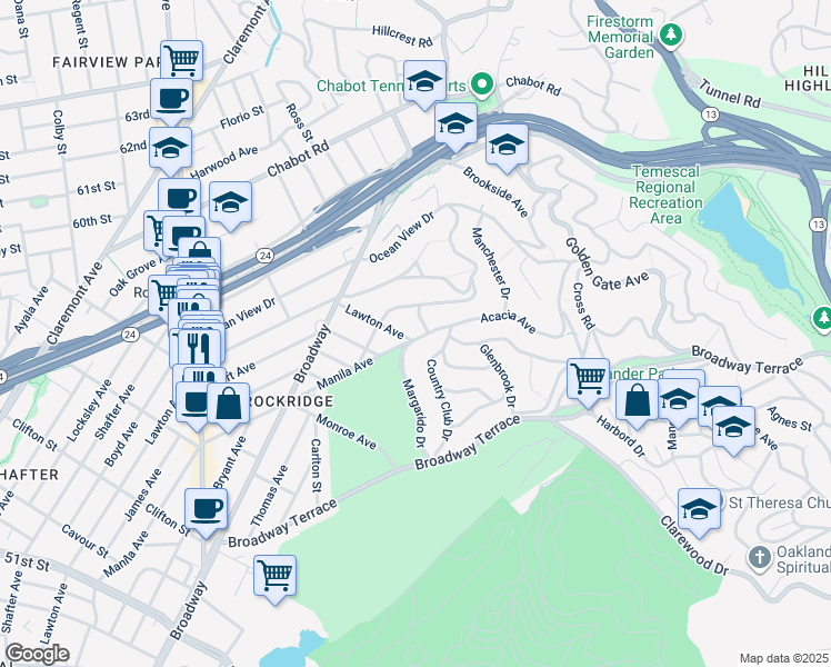 map of restaurants, bars, coffee shops, grocery stores, and more near 5814 Margarido Drive in Oakland