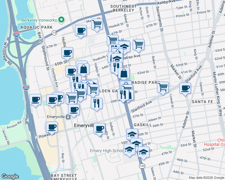 map of restaurants, bars, coffee shops, grocery stores, and more near 1201 61st Street in Oakland