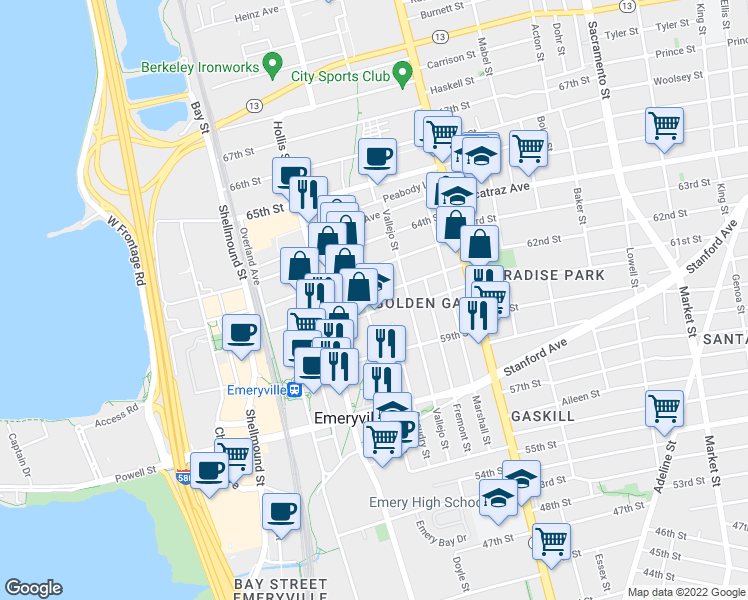 map of restaurants, bars, coffee shops, grocery stores, and more near 1274 61st Street in Emeryville