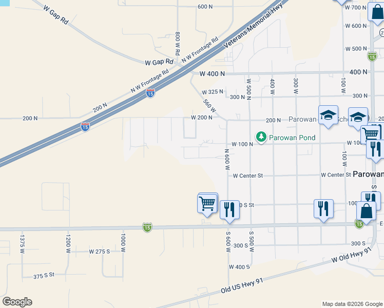 map of restaurants, bars, coffee shops, grocery stores, and more near 756 West 60 North in Parowan